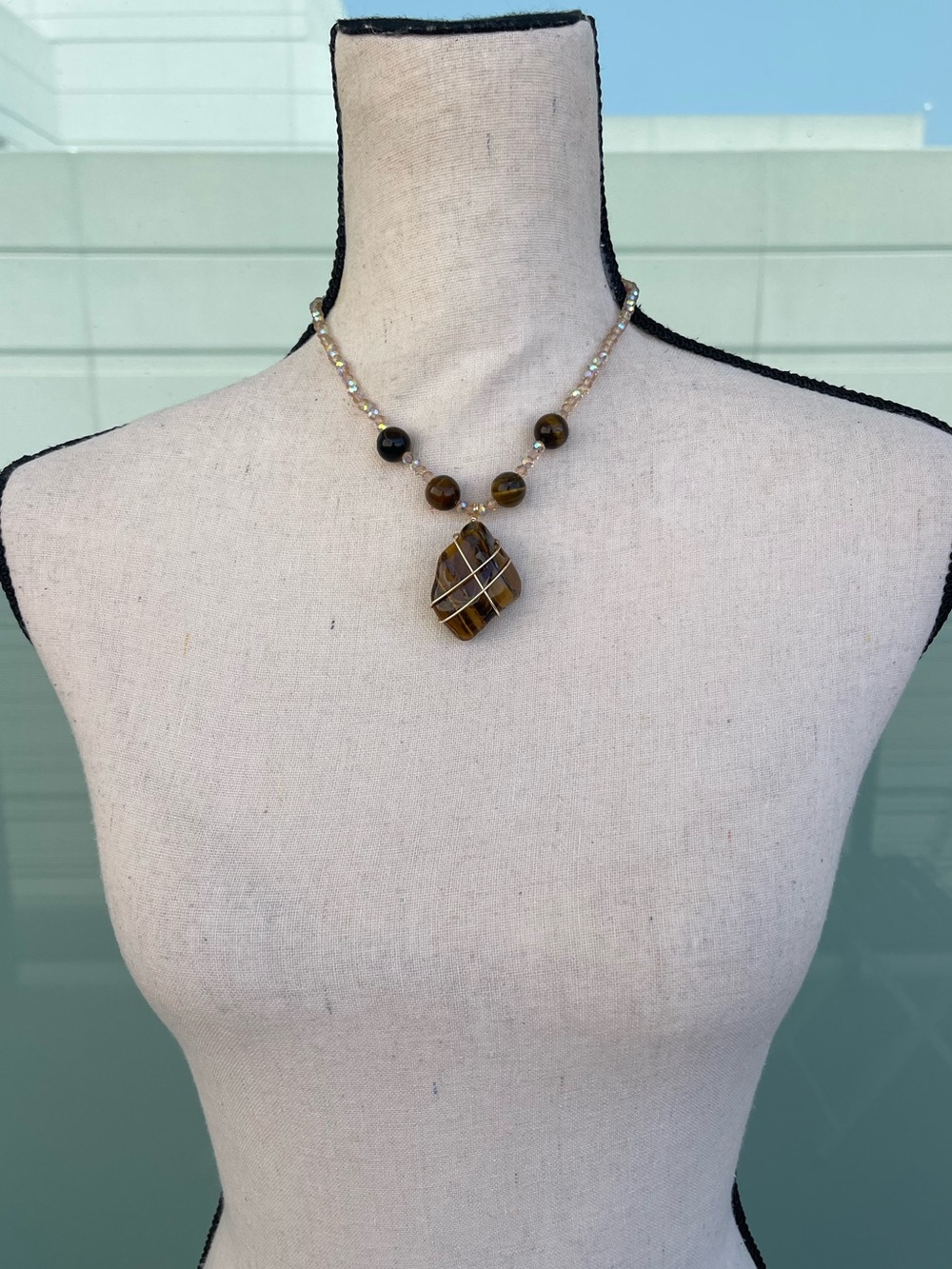 Brown Tiger Eye Necklace on Champaign Glass AB Beads